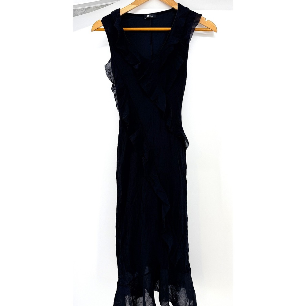 Orsay Vintage Black Sleeveless Ruffle Dress V-Neck Midi 90s Y2K Aesthetic S